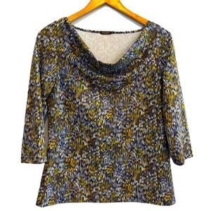 J. McLaughlin Drape Neck 3/4 Sleeve Navy Geometric Print Top Size M